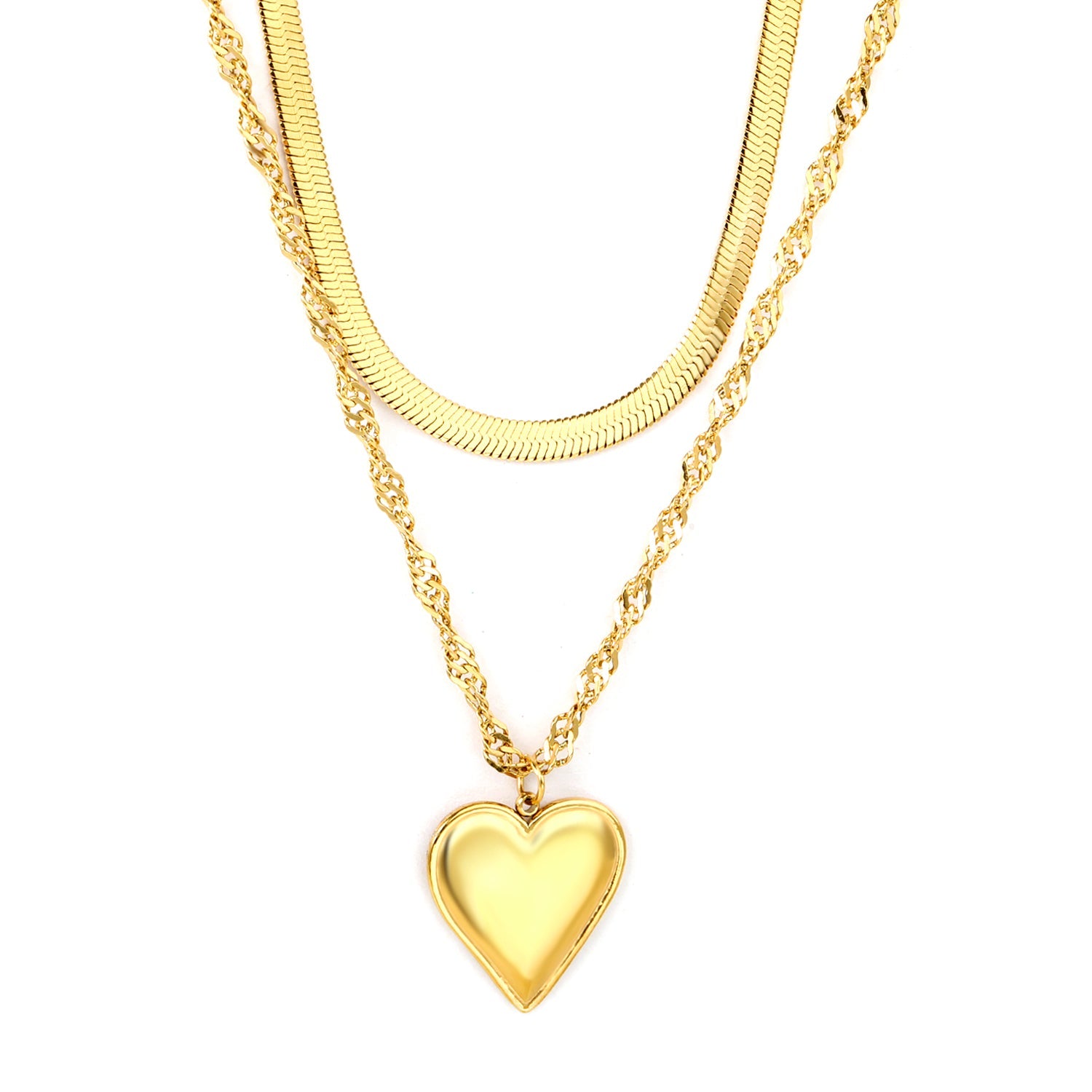 20x22mm heart-shaped accessory double chain 4mm blade chain 40cm + 3mm water glass chain 50x5cm + 6mm round tail tag necklace, gold asonjewelry